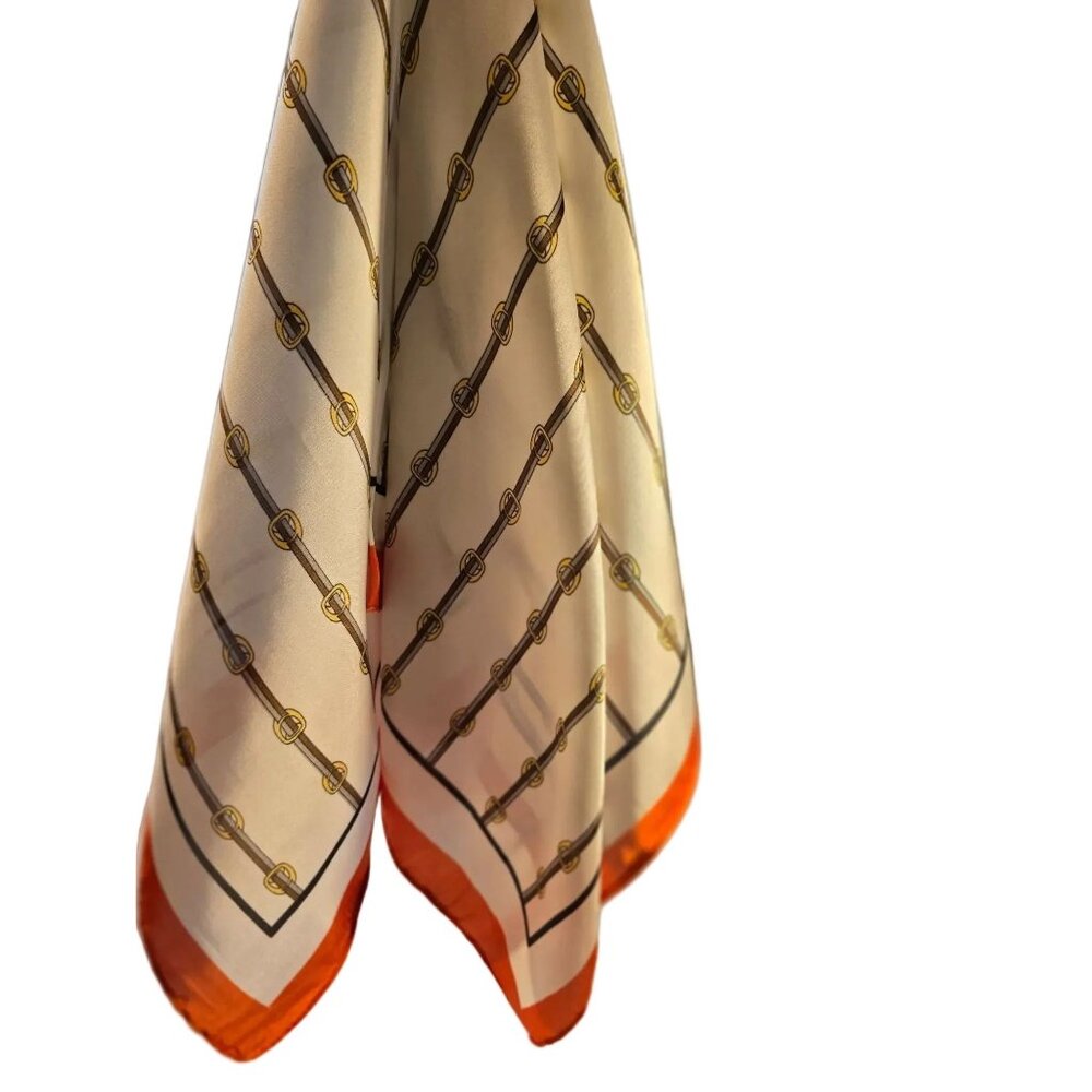 Vintage Equestrian Print Silky Feel Scarf With Orange Border - Picture 2 of 8